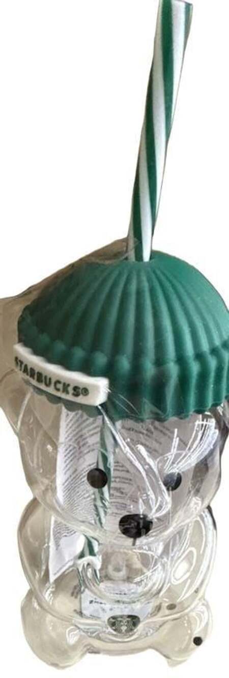 Starbucks Bearista Bear Glass Cup Green Hat with Straw